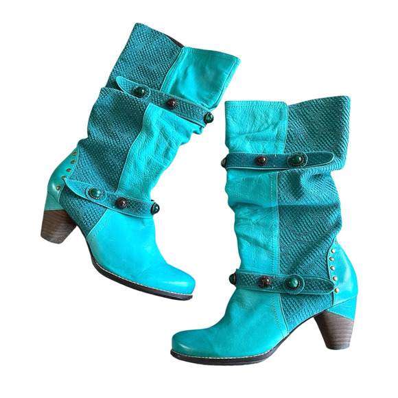 L'ARTISTE SPRING STEP Womens Size 41 Teal Leather Embellished Tall Western Boots - Picture 1 of 9